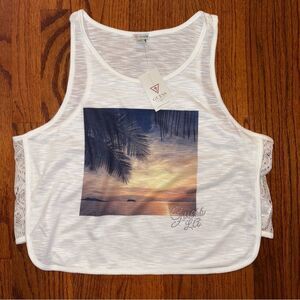 GUESS White Graphic Tank Top with Sunset Print & Lace Panels - Size L NWT